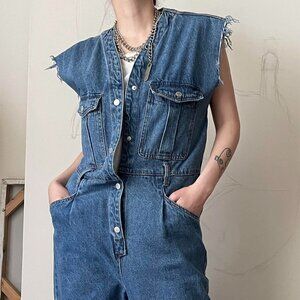 Casual blue denim jumpsuit with snap button-up front sleeves overall jumpsuit la